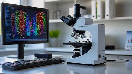 Laboratory microscope analyzing colorful data patterns - Powered by Adobe