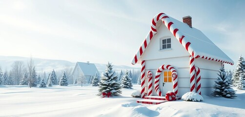 Candy-cane striped house in snowy landscape; ample white space, visual, green