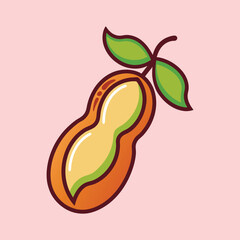 A Cartoon Illustration of a Single Peanut in its Shell with Green Leaves