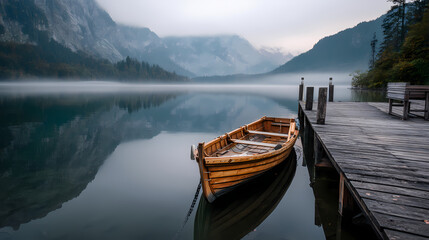 Obraz premium Wooden Rowboat Tied to Dock on Serene Lake, Inviting Peaceful Reflection in Nature's Embrace