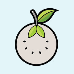 A Simple Cartoon Illustration of a Light Gray Fruit with Green Leaves