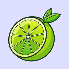 A vibrant illustration of a lime fruit sliced in half showing juicy segments and bright green leaves