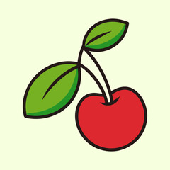A Single Red Cherry with Green Leaves Cartoon Illustration