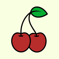 A Pair of Cherries with a Green Leaf Illustration Cartoon Style Simple Design