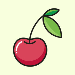 A Single Red Cherry with Green Stem and Leaves Illustration