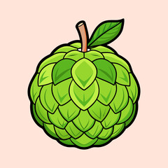Vibrant Illustration of a Cherimoya Fruit with Detailed Green Scales and a Single Leaf