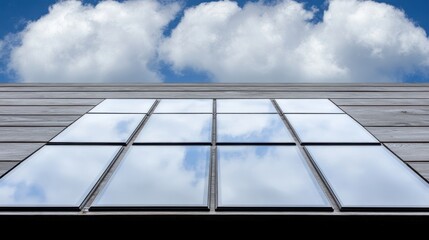 Solar panels reflecting clouds on modern building