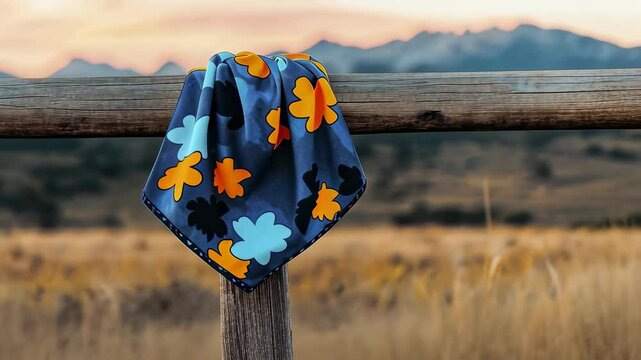 Vibrant floral scarf draped over a rustic fence against a sunset landscape