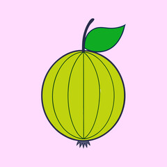 A vibrant illustration of a single gooseberry fruit with a green leaf a simple cartoon style design perfect for educational materials children's books or any project needing a cute fruit image