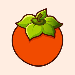 A Vibrant Cartoon Illustration of a Ripe Persimmon Fruit with Lush Green Leaves