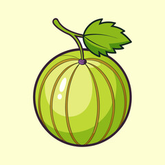 A vibrant illustration of a single gooseberry with a stem and leaf