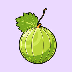 A single ripe green gooseberry with leaf illustration vibrant color cartoon style