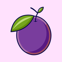 A vibrant illustration of a single ripe plum with a green leaf