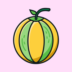 Illustration of a Cute Cartoon Honeydew Melon Fruit with Green Stripes and a Small Stem
