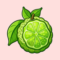 A vibrant illustration of a halved kaffir lime fruit showcasing its aromatic interior and lush green leaves
