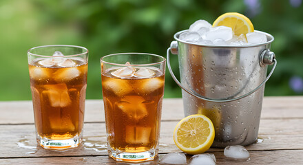 Fototapeta premium Iced tea cooling effect with condensation melting ice and breezy garden vintage bucket
