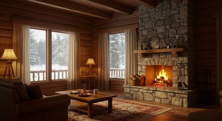 Fototapeta premium Cozy winter cabin living room