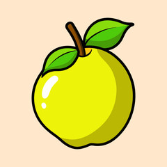 Illustration of a Vibrant Yellow Quince Fruit with Green Leaves