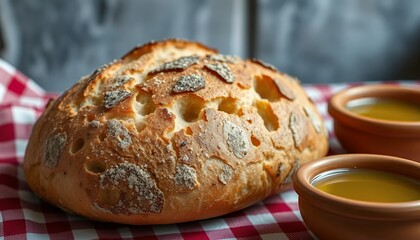 Pane di Altamura Bread Served with Olive Oil on Checkered Tablecloth Presenting Italian Rustic Cuisine and Culinary Art High Angle Shot
