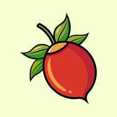 Illustration of a Single Red Fruit with Green Leaves