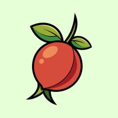 A vibrant illustration of a single ripe peach with green leaves and stem