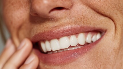 Close up of a woman is face, fingers resting on her cheeks, smiling widely, showing off her bright white teeth, cropped shot.