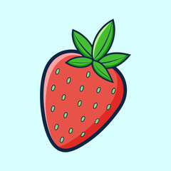 A Delicious and Vibrant Cartoon Strawberry Illustration Featuring Red Fruit and Green Leaves