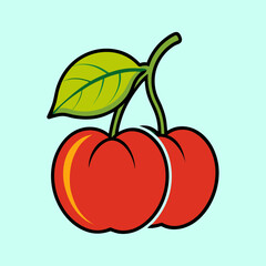 Illustration of Two Red Cherries with Green Leaf