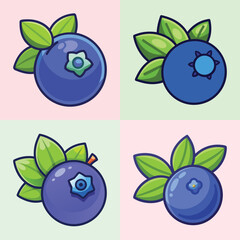 A Collection of Cute Cartoon Blueberries with Green Leaves