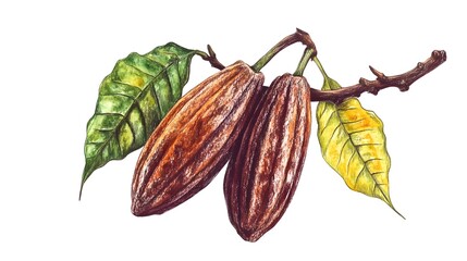 Hand-painted illustration of cacao pods on a branch.