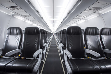 Fototapeta premium Minimalist Airplane Interior with Neat Rows of Seats and Simple Design, Perfect for Modern Travel