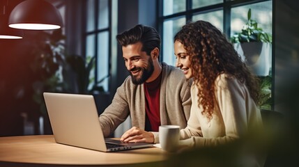A man and a woman sitting at a table with a laptop, smiling and laughing, in a cozy, dimly lit room with large windows and potted plants.