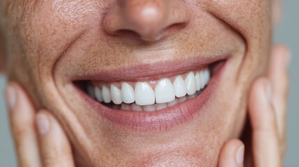 Fototapeta premium Woman with fingers on her cheeks, smiling widely, showing off bright white teeth, close-up cropped shot of her face.