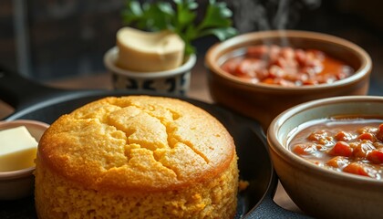 Southern Charm Cornbread and Hearty Chili on Dark Skillet with Fresh Parsley Butter in Rustic Composition