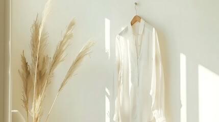 Elegant White Shirt Displayed with Pampas Grass in a Minimalist Setting