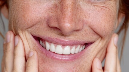 Close-up portrait of a woman, fingers on cheeks, smiling widely with bright white teeth, cropped image to focus on her joyful expression.