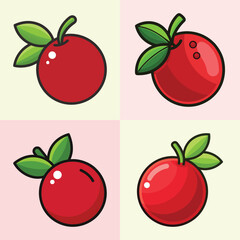 Collection of Four Red Fruit Illustrations with Green Leaves Cartoon Style