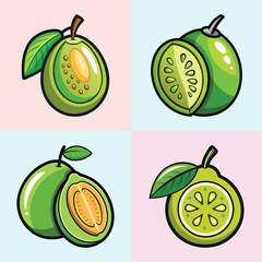 Delicious Green Guava Fruit Illustration Set Whole and Half Slices Cartoon Style