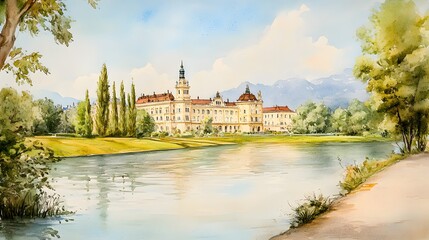 Fototapeta premium Watercolor painting of a castle by a river.