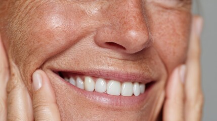 Fototapeta premium Portrait of a woman, fingers gently resting on her cheeks, smiling widely with bright white teeth, close-up cropped shot.