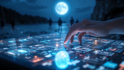 Naklejka premium Hand Interacts with Futuristic Interface on Beach at Night