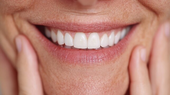 Smiling woman with fingers on her cheeks, close-up of her face showing bright white teeth, cropped image for clean focus.