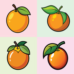 Collection of Four Cartoon Oranges with Green Leaves