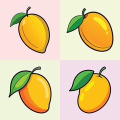 A Collection of Four Delicious Mango Illustrations Featuring Vibrant Colors and Detailed Leaves