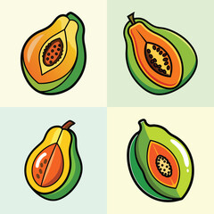 A Colorful Collection of Halved Papayas Illustrated in a Vibrant Cartoon Style