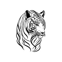 Elegant monochrome drawing of a majestic tiger head with stylized mane
