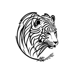 Stylized tiger portrait with striking black and white line art illustration