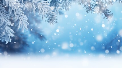 A snow-covered pine tree branch with snowflakes falling against a blue sky.