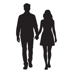 a man and a woman walking hand in hand. The man is on the left side of the image and the woman is in the center. Vector Black silhouettes. with white background