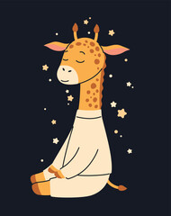Image in children's style. Sleeping giraffe in pajamas. Flat vector illustration.